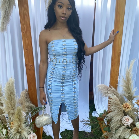 AKIRA Dresses & Skirts - Baby Blue Bandage Dress with Gold Detailing 💙